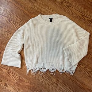 Buckle Cream Distressed Cropped Crewneck Sweater